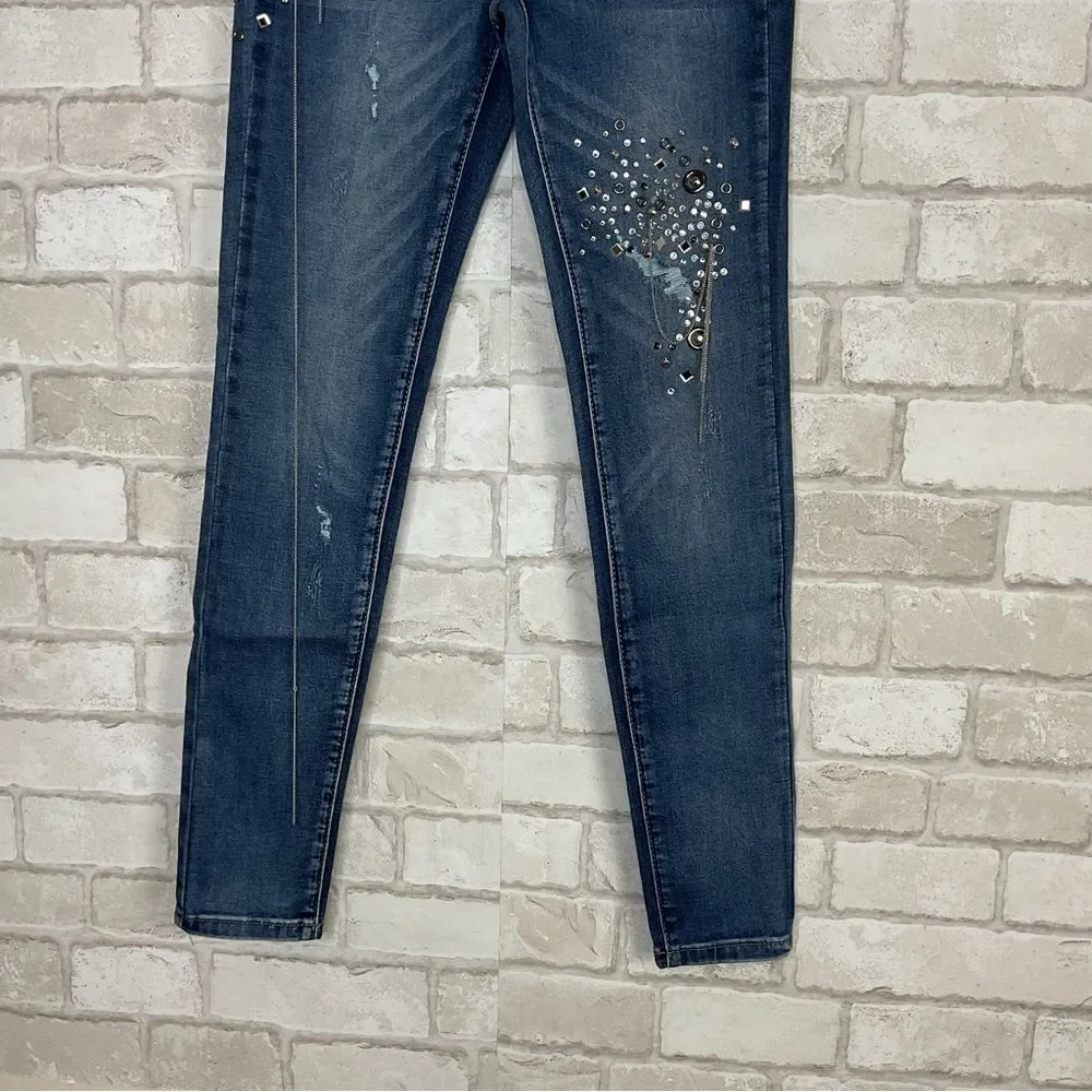 NWT Denim Couture Red Embellished Blue Skinny Jeans Size 5